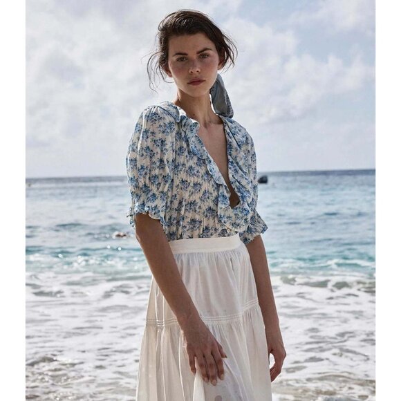 Doen Tops - Doen Henri Ruffle Blouse S Blue Floral Cotton Top Feminine Cottagecore